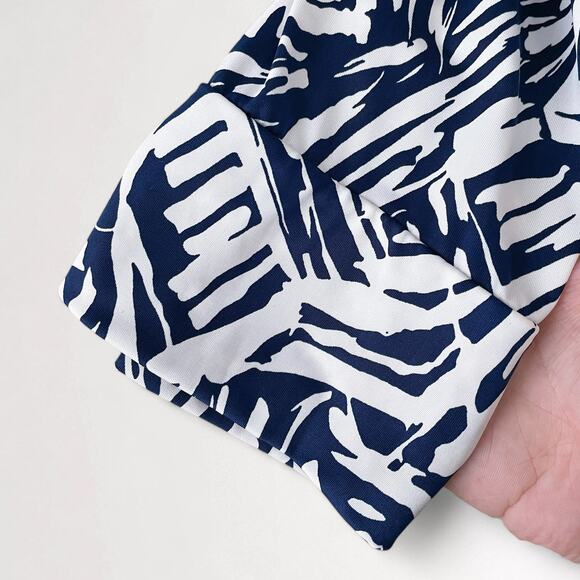 Vintage 70s Wrap Dress Midi M Navy Blue White Abstract Fit & Flare Made In USA - Picture 3 of 8